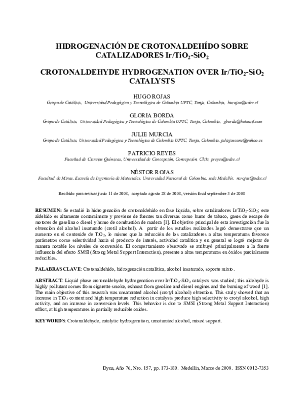 (PDF) CROTONALDEHYDE HYDROGENATION OVER Ir/Tio 2-siO 2 CATALYSTS