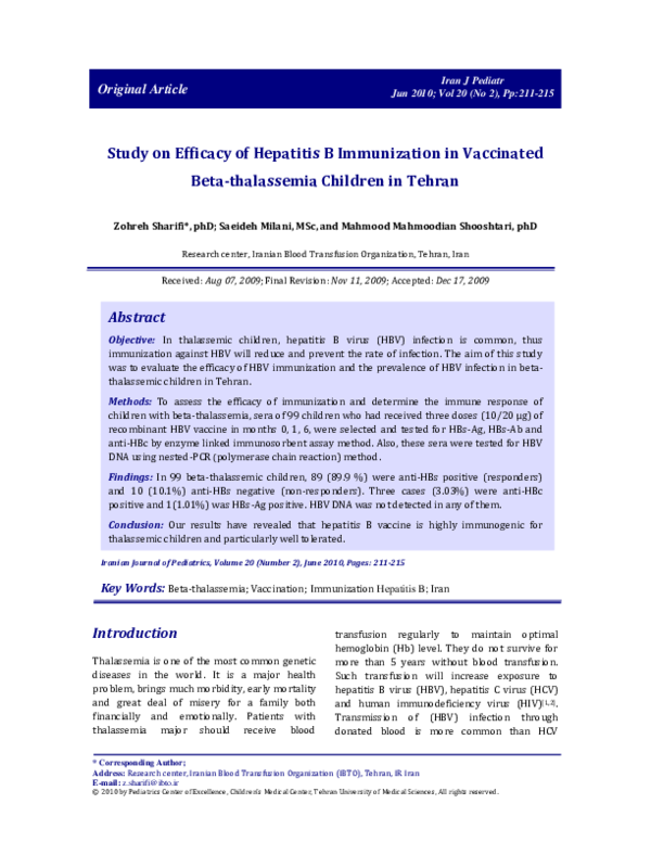 (PDF) Study on Efficacy of Hepatitis B Immunization in Vaccinated Beta ...