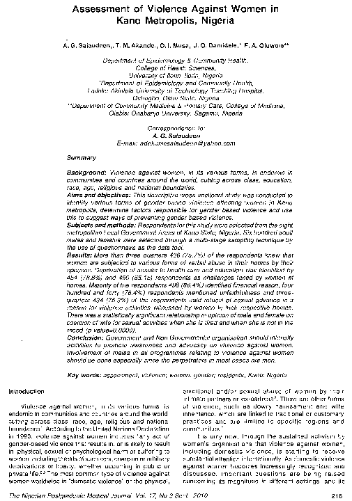 (PDF) Assessment of violence against women in Kano metropolis, Nigeria