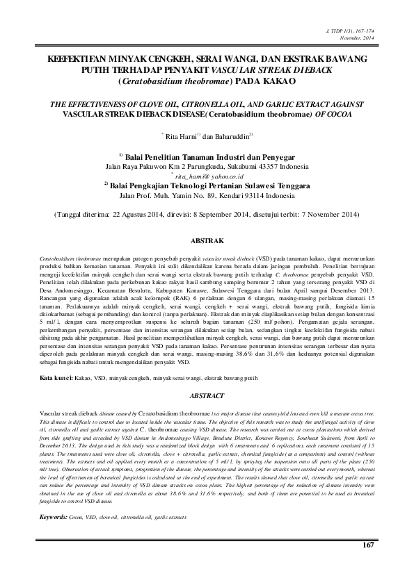 Keefektifan Minyak Cengkeh, Serai Wangi, dan Ekstrak Bawang Putih terhadap Penyakit Vascular Streak Dieback (Ceratobasidium theobromae) Pada Kakao