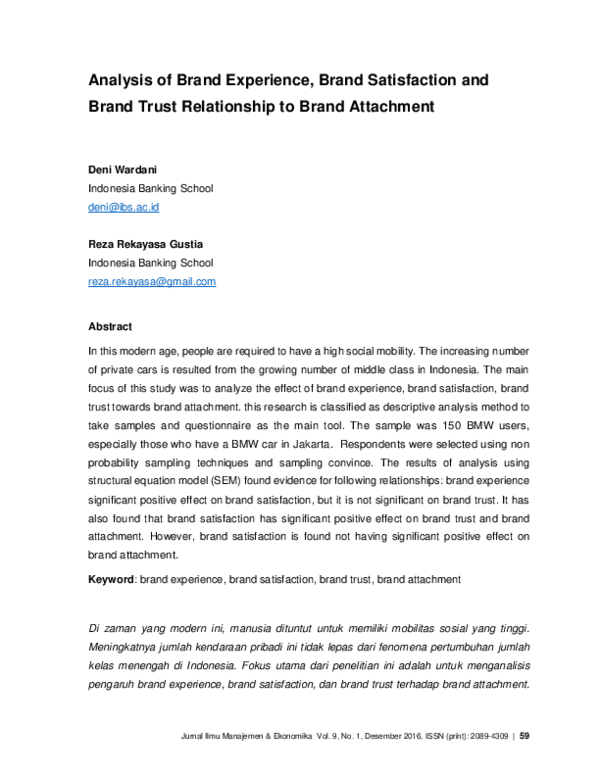 (PDF) Analysis of Brand Experience, Brand Satisfaction and Brand Trust ...
