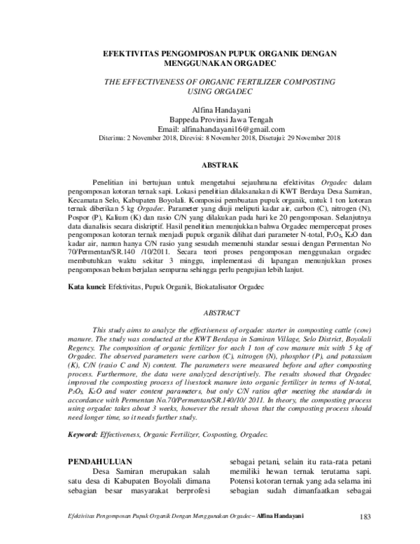 (PDF) Efektivitas Pengomposan Pupuk Organik Dengan Menggunakan Orgadec