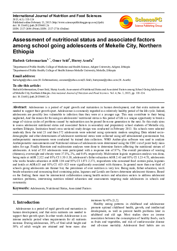 (PDF) Assessment of Nutritional Status and Associated Factors among ...