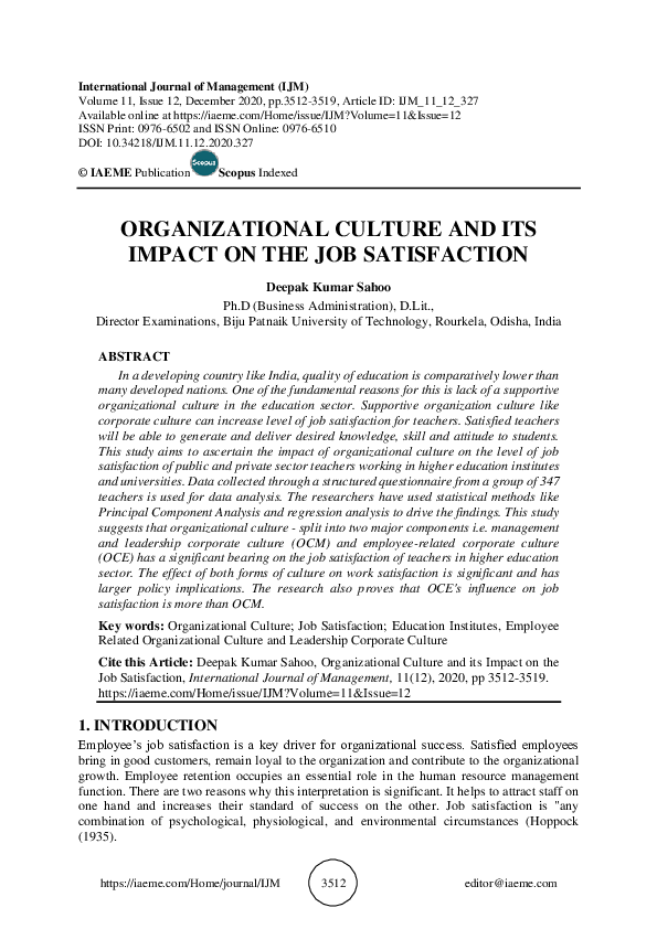 (PDF) ORGANIZATIONAL CULTURE AND ITS IMPACT ON THE JOB SATISFACTION