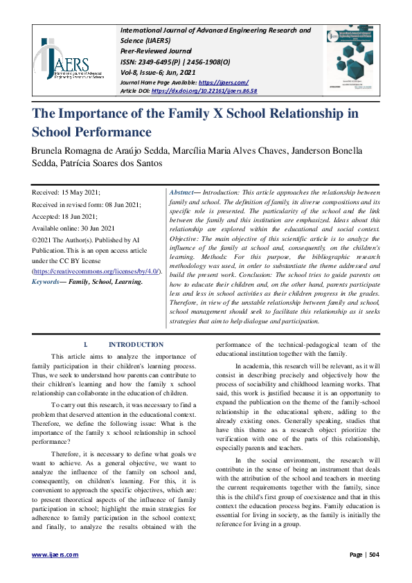 (PDF) The Importance of the Family X School Relationship in School ...