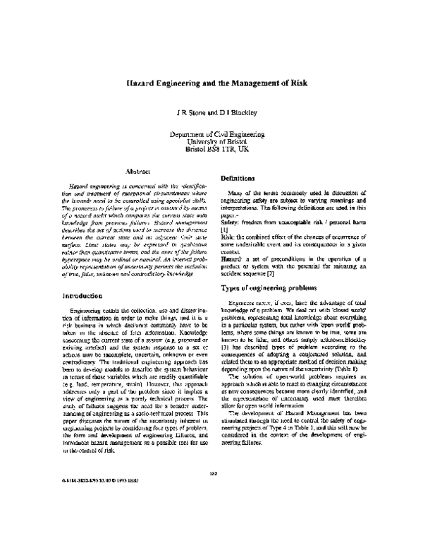 (PDF) Hazard engineering and the management of risk