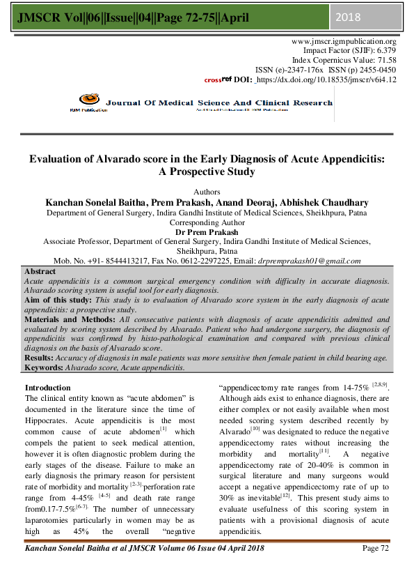 (PDF) Evaluation of Alvarado score in the Early Diagnosis of Acute ...