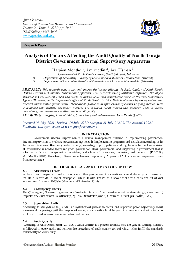 (PDF) Analysis of Factors Affecting the Audit Quality of North Toraja ...