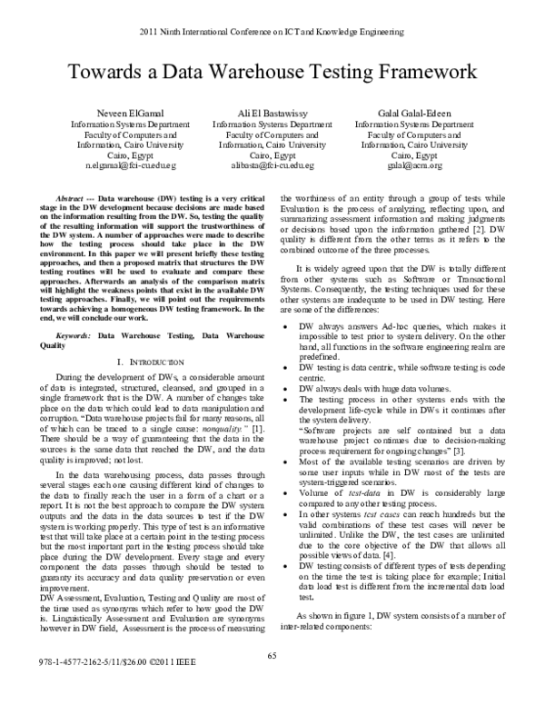 (PDF) Towards a Data Warehouse Testing Framework