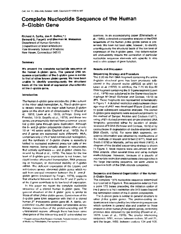 (PDF) Complete nucleotide sequence of the human δ-globin gene