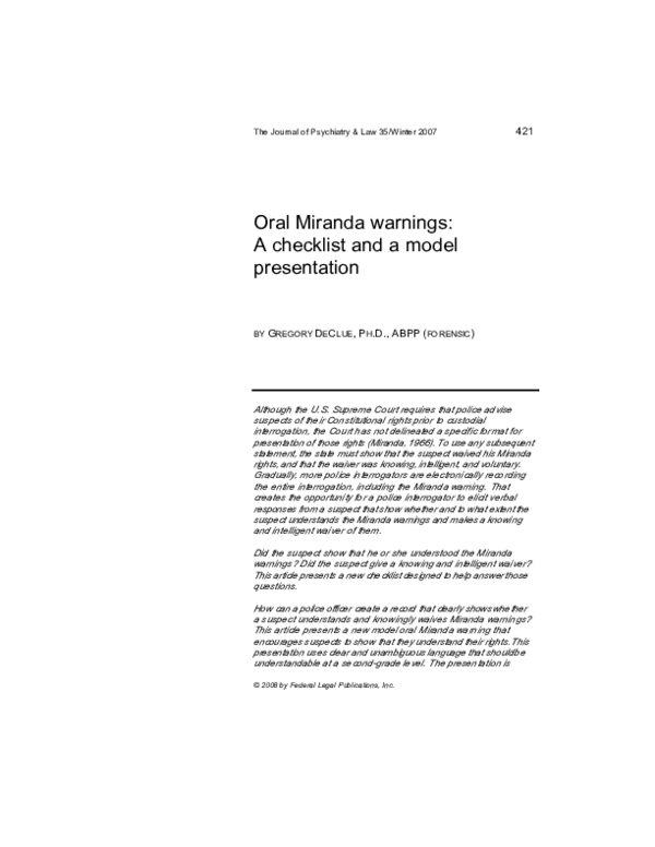 (PDF) Oral Miranda Warnings: A Checklist and a Model Presentation