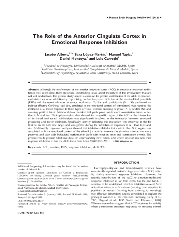 (PDF) The role of the anterior cingulate cortex in emotional response ...