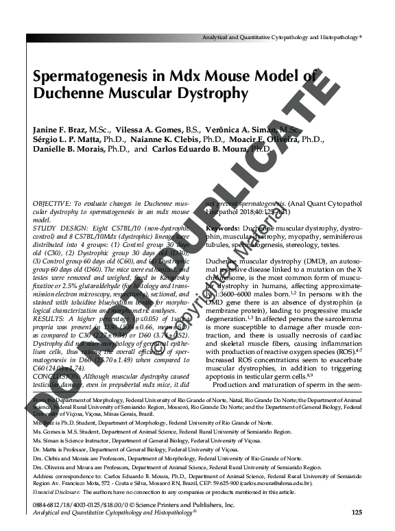 (PDF) Spermatogenesis in Mdx Mouse Model of Duchenne Muscular Dystrophy