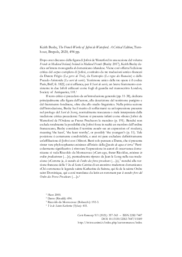 (PDF) [Rec. a] Keith Busby, The French Works of Jofroi de Waterford