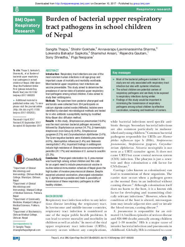 (PDF) Burden of bacterial upper respiratory tract pathogens in school ...