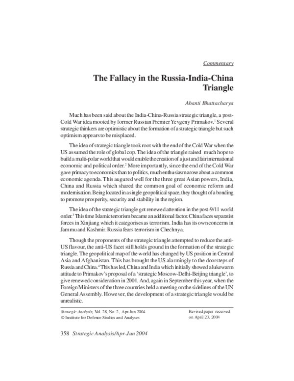 (PDF) The fallacy in the Russia‐India‐China triangle