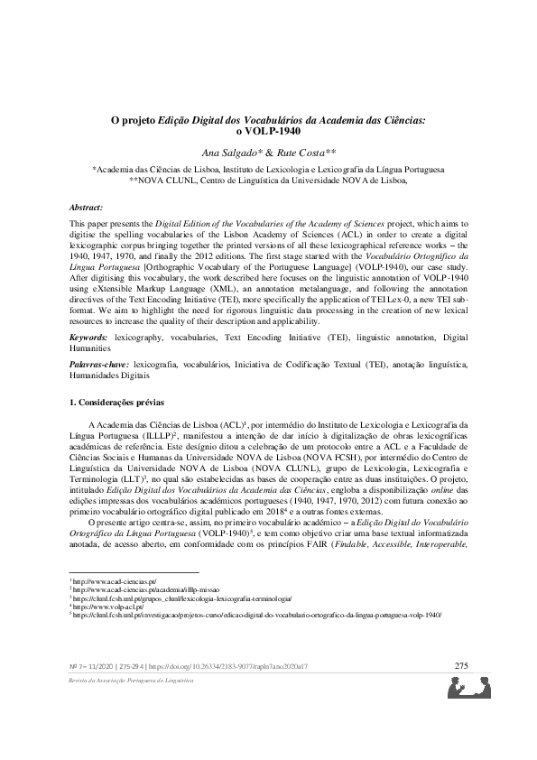 (PDF) O projeto 'Edição Digital dos Vocabulários da Academia das ...