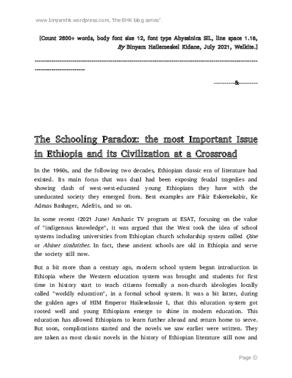 (PDF) The Schooling Paradox in Ethiopian Education System by BHK