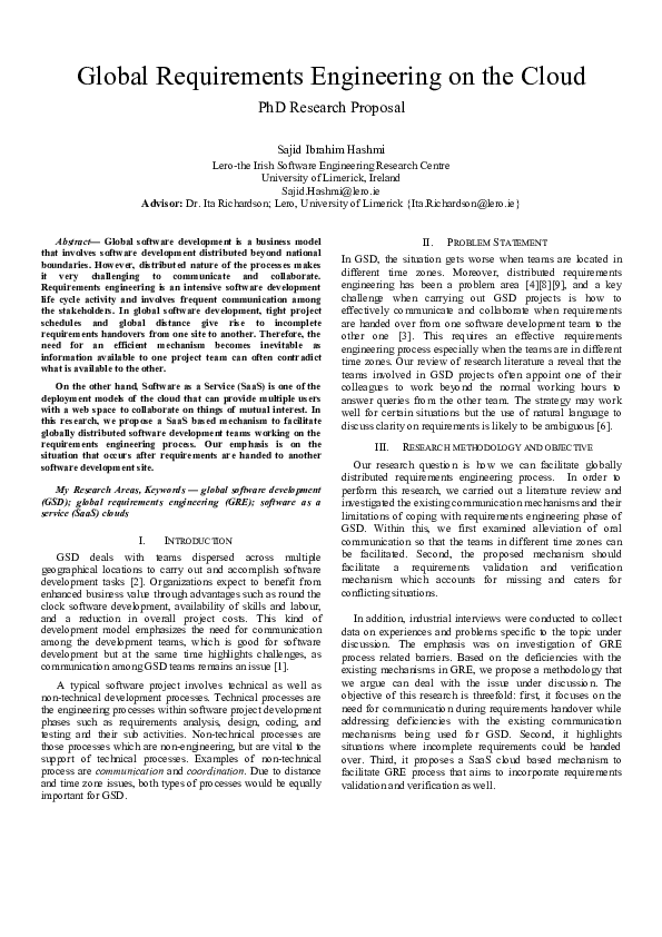 (PDF) Global requirements engineering on the cloud PhD research proposal