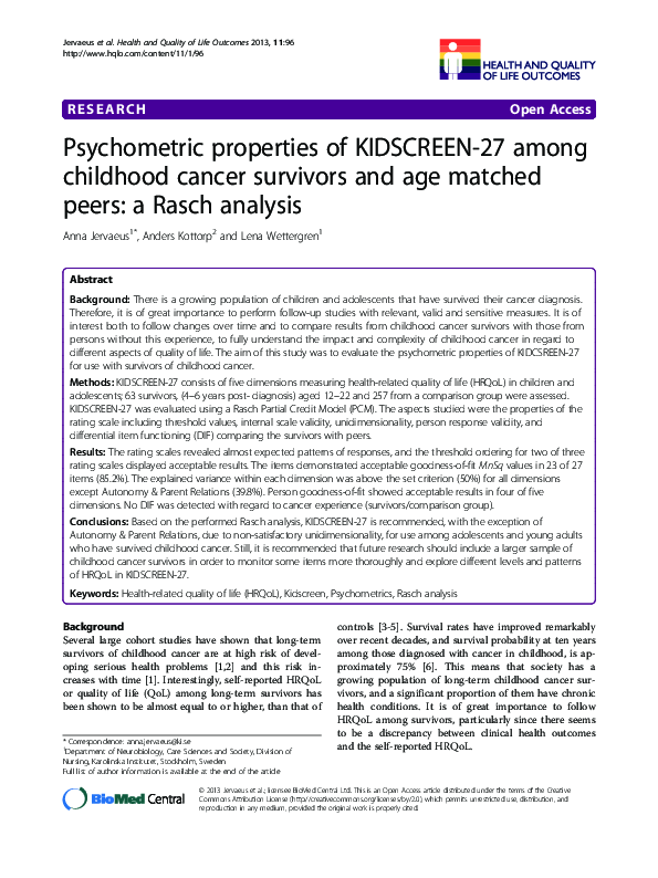 (PDF) Psychometric properties of KIDSCREEN-27 among childhood cancer ...