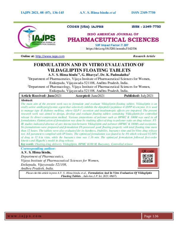 (PDF) FORMULATION AND IN VITRO EVALUATION OF VILDAGLIPTIN FLOATING TABLETS