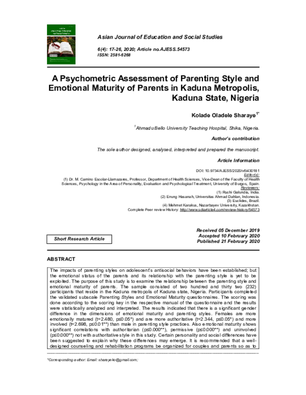 (PDF) A Psychometric Assessment of Parenting Style and Emotional ...