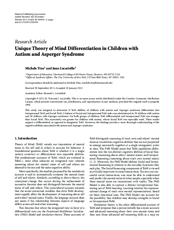 (PDF) Unique theory of mind differentiation in children with autism and ...