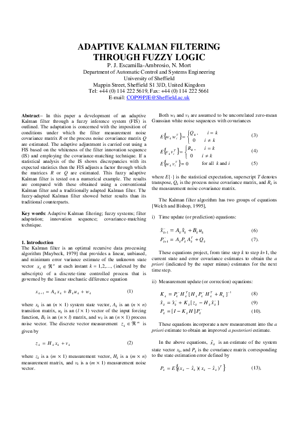 (PDF) Adaptive Kalman filtering through fuzzy logic