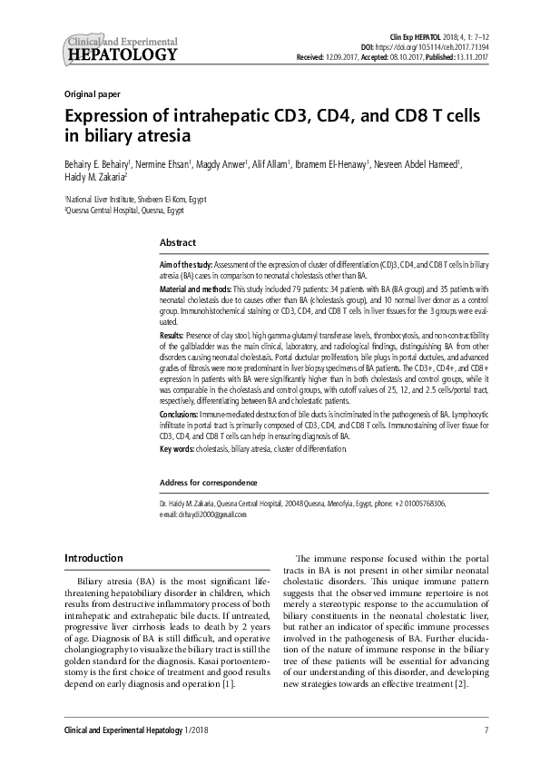 (PDF) Expression of intrahepatic CD3, CD4, and CD8 T cells in biliary ...
