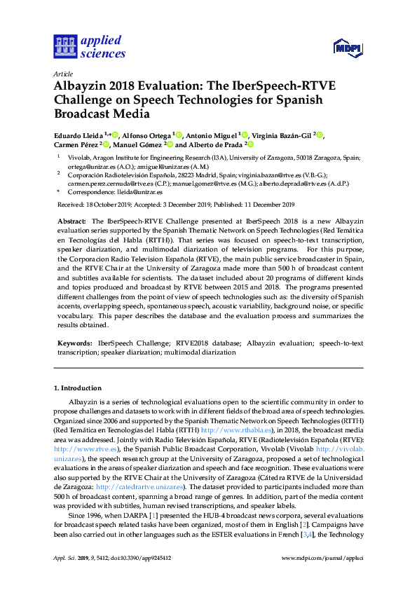 (PDF) Albayzin 2018 Evaluation: The IberSpeech-RTVE Challenge on Speech ...
