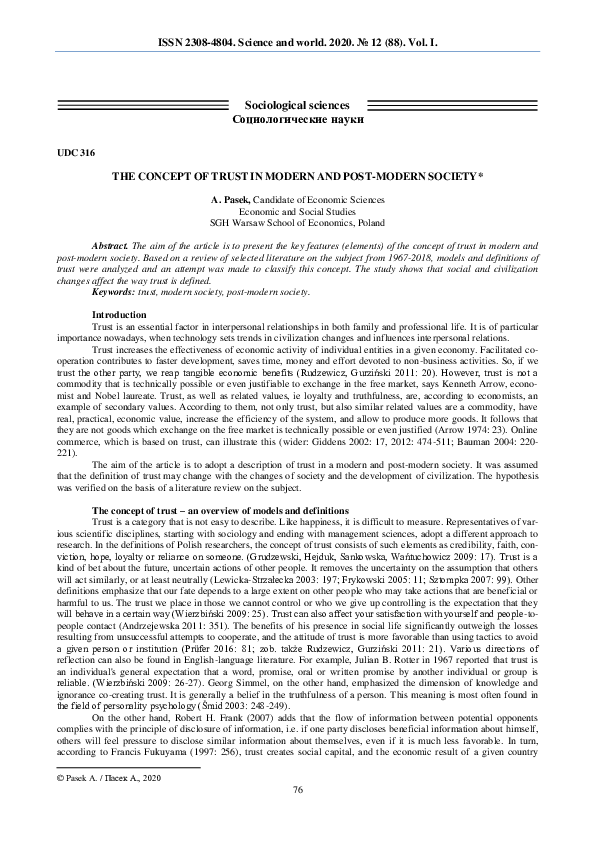 (PDF) The concept of trust in modern and post-modern society