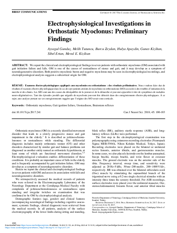 (PDF) Electrophysiological Investigations in Orthostatic Myoclonus