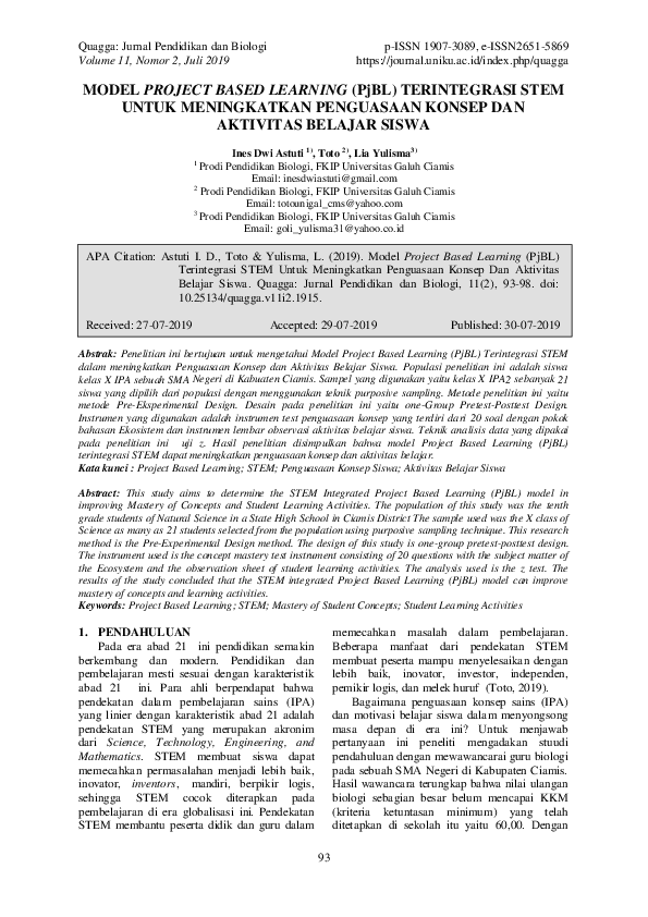 (PDF) MODEL PROJECT BASED LEARNING (PjBL) TERINTEGRASI STEM UNTUK ...