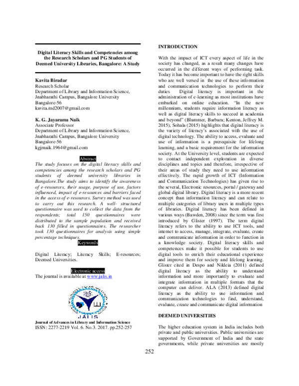 (PDF) Digital Literacy Skills and Competencies among the Research ...