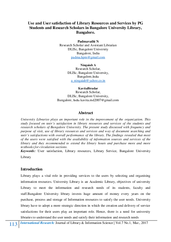 (PDF) Use and User satisfaction of Library Resources and Services by PG ...