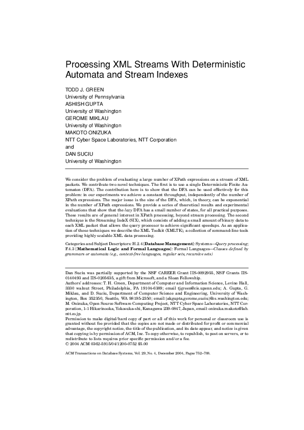 (PDF) Processing XML streams with deterministic automata and stream indexes