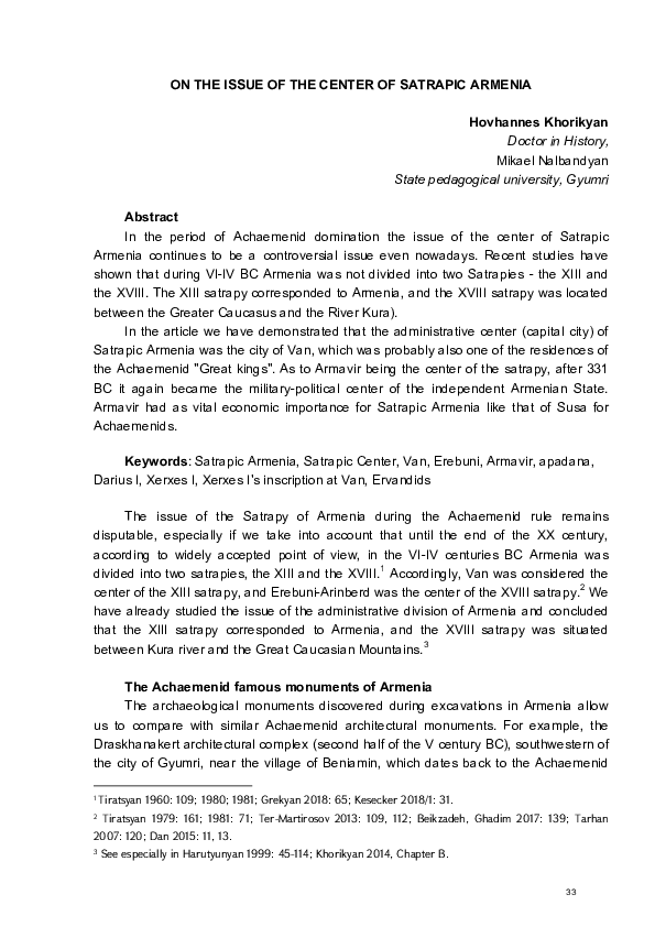 (PDF) Khorikyan H., On the Issue of the Center of Satrapic Armenia ...