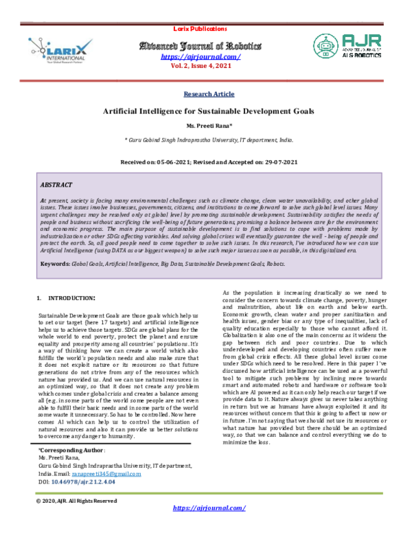(PDF) Artificial Intelligence for Sustainable Development Goals
