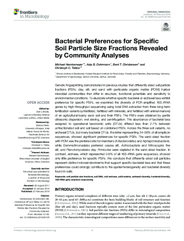 (PDF) Bacterial Preferences for Specific Soil Particle Size Fractions ...