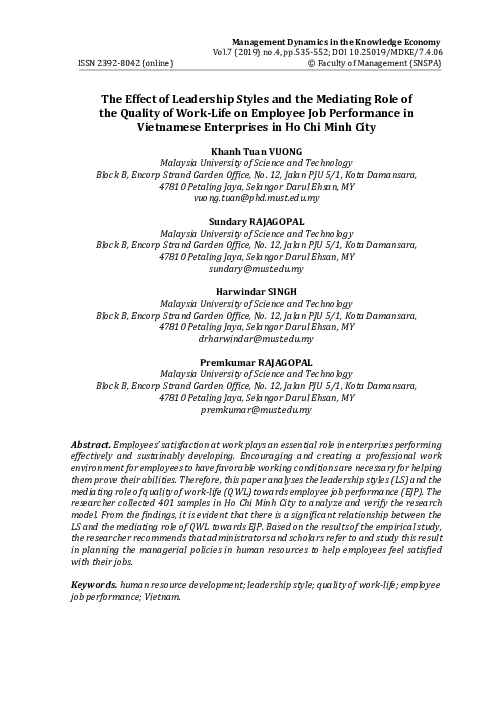 (PDF) The Effect of Leadership Styles and the Mediating Role of the ...