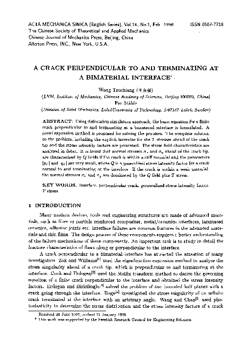 (PDF) A crack perpendicular to and terminating at a bimaterial interface