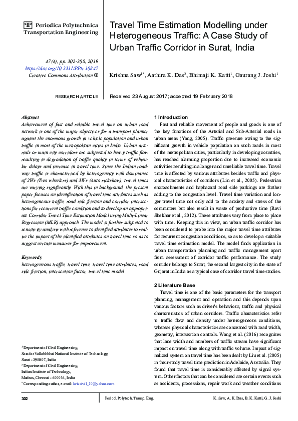(PDF) Travel Time Estimation Modelling under Heterogeneous Traffic: A ...