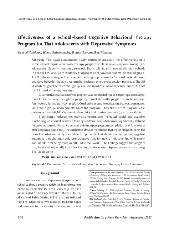(PDF) Effectiveness of a School-based Cognitive Behavioral Therapy ...