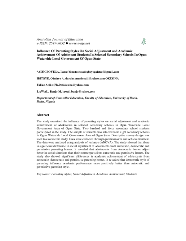 (PDF) Influence Of Parenting Styles On Social Adjustment and Academic ...