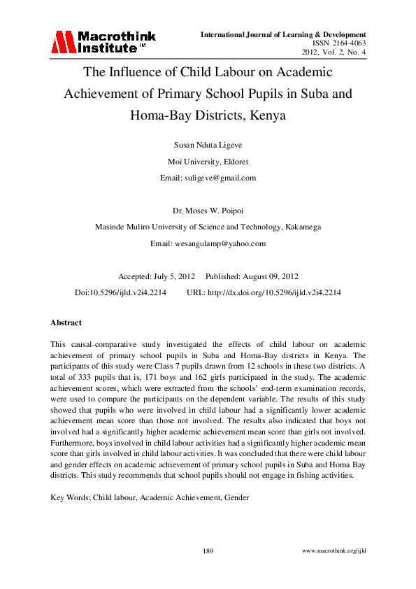 (PDF) The Influence of Child Labour on Academic Achievement of Primary ...