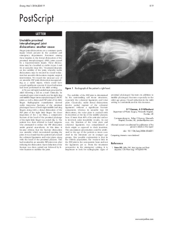 (PDF) Unstable proximal interphalangeal joint dislocations another cause Ruben Kannan