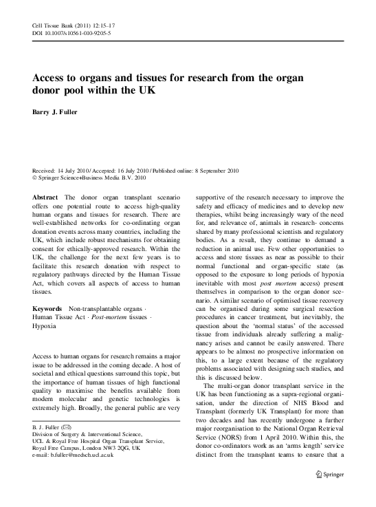 (PDF) Access to organs and tissues for research from the organ donor ...