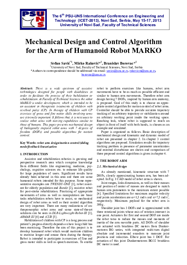 (PDF) Mechanical Design and Control Algorithm for the Arm of Humanoid ...