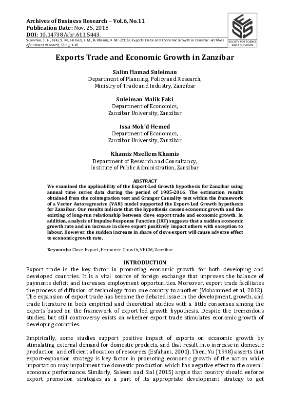 (PDF) Exports Trade and Economic Growth in Zanzibar