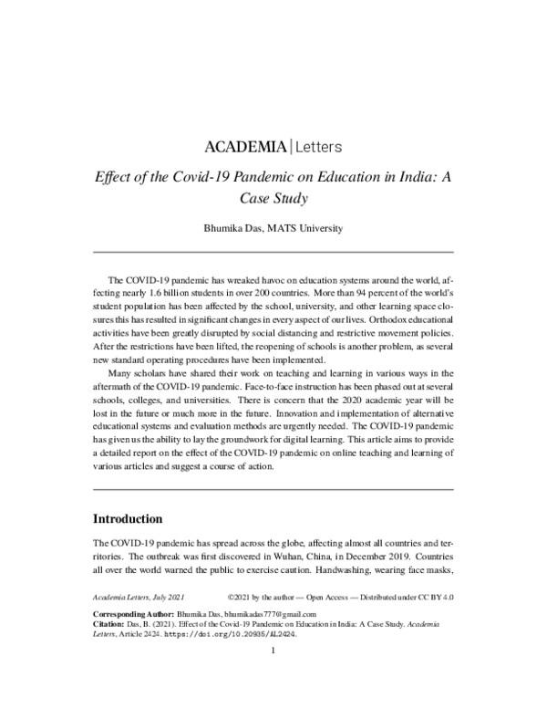 (PDF) Effect of the Covid-19 Pandemic on Education in India: A Case Study